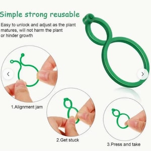 May include: Green plant ties with the text "Simple strong reusable". The image shows the ties in use, with step-by-step instructions. The ties are designed to be easy to unlock and adjust as the plant matures.