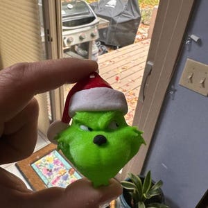 May include: A green Grinch-themed ornament wearing a red and white Santa hat. The ornament has a grumpy expression and a black nose. The ornament is held up in front of a window with a view of a backyard.