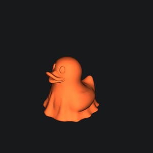 May include: Orange 3D-rendered duck wearing a ghost costume. The duck has a beak and two small eyes. The ghost costume has a draped appearance. The background is a solid black color.