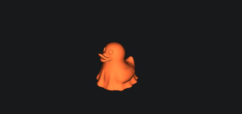 May include: Orange 3D-rendered duck wearing a ghost costume. The duck has a beak and two small eyes. The ghost costume has a draped appearance. The background is a solid black color.