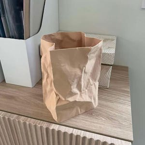 May include: A crumpled, open-top paper bag in a light brown hue sits on a wooden surface. The bag has a rectangular base and a textured appearance. A white organizer and a decorative box are in the background.