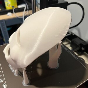 以下が含まれることがあります： 白の3Dプリントされた頭蓋骨モデル。おそらく試作品または装飾品。頭蓋骨は、おそらくプリンターベッドである黒い表面に置かれており、まだサポート構造が取り付けられています。モデルは詳細で、印刷されたばかりのようです。