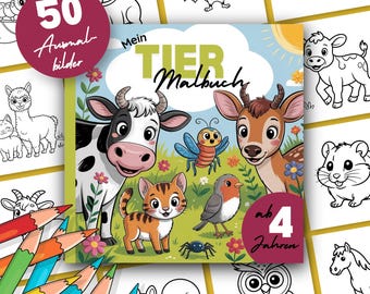 May include: A children's coloring book titled "Mein Tier Malbuch" featuring a cow, cat, deer, and other animals. The cover includes the text "50 Ausmalbilder" and "ab 4 Jahren". Colored pencils are visible in the foreground.