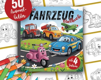 Może przedstawiać: Kolorowanka dla dzieci zatytułowana "FAHRZEUG Malbuch" z ilustracjami różnych pojazdów, w tym traktora, samochodu, samolotu i skutera. Okładka zawiera czerwone koło z tekstem "50 Ausmalbilder" i "ab 4 Jahren". Kredki w pierwszym planie.