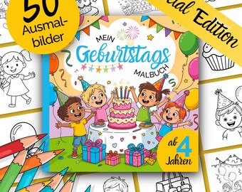 Może przedstawiać: Kolorowanka dla dzieci zatytułowana "Mein Geburtstag Malbuch" z tekstem "Special Edition" i "50 Ausmalbilder". Okładka zawiera ilustracje dzieci świętujących urodziny z tortem, balonami i prezentami. Zalecane dla dzieci od 4 lat.