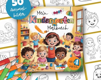 May include: A children's coloring book titled "Mein Kindergarten Malbuch" with a cover featuring illustrations of children and a teacher. The book includes the text "50 Ausmalbilder" and "ab 4 Jahren". Coloured pencils are visible in the foreground.