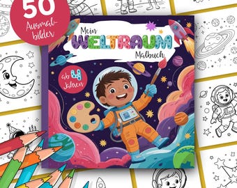 May include: A children's coloring book titled "Mein Weltraum Malbuch" featuring a cartoon astronaut painting planets. The cover has the text "50 Ausmalbilder" and "ab 4 Jahren". Colored pencils are visible in the lower left corner, and line drawings of space scenes surround the book.