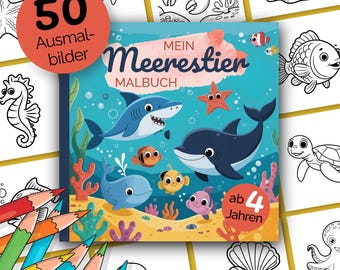 May include: A children's coloring book titled "Mein Meerestier Malbuch" featuring cartoon sea creatures like sharks, dolphins, and fish. The cover has a blue background with the text "ab 4 Jahren" and a red circle with the number "50" and the words "Ausmalbilder".