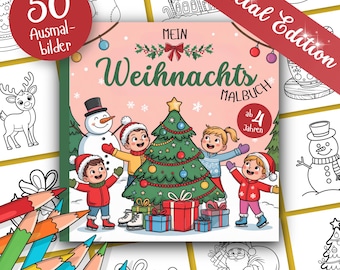May include: A children's Christmas coloring book with the title "Mein Weihnachtsmalbuch" and the words "Special Edition" on a red banner. The cover features a Christmas tree, children, a snowman, and gifts. Colored pencils are in the foreground.