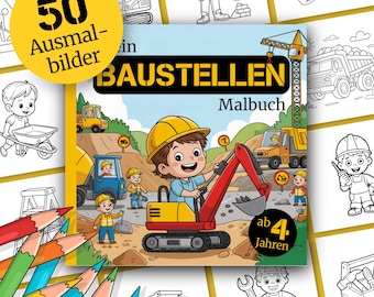 Może przedstawiać: Kolorowanka dla dzieci zatytułowana "in BAUSTELLEN Malbuch" z żółtą okładką i tekstem "50 Ausmalbilder". Okładka zawiera ilustracje pojazdów budowlanych i robotników, z tekstem "ab 4 Jahren".
