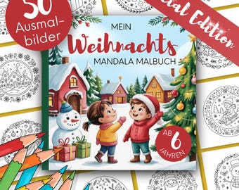 May include: A Christmas-themed coloring book with the title "Mein Weihnachts Mandala Malbuch" and the words "Special Edition." The cover features a winter scene with children, a snowman, and a Christmas tree. Includes 50 coloring pages.