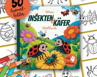 Pode incluir: Um livro de colorir infantil intitulado "Mein Insekten & Käfer Malbuch" com insetos e flores de desenho animado. A capa inclui joaninhas, abelhas e uma borboleta. O livro é cercado por desenhos de linha de insetos e um conjunto de lápis de cor.