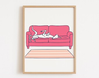 Sighthound on Pink Sofa Art Print: Greyhound, Whippet, Lurcher (Digital Download)