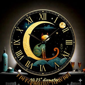 Moonlit Cat Acrylic Roman Numerals Wall Clock | Cat on Crescent Moon