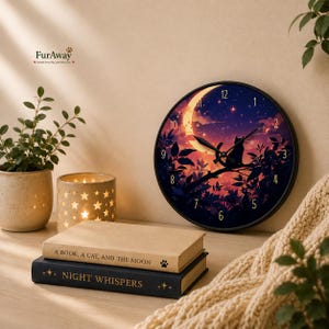 May include: A round wall clock featuring a dark night sky with a crescent moon, stars, and a silhouette of a cat perched on a tree branch. The clock face has black hands and gold numbers. The text FurAway is visible in the upper left corner.