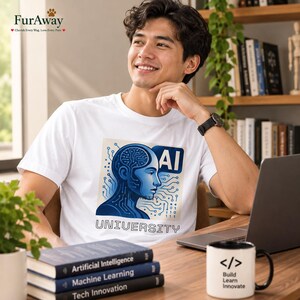 Puede incluir: Una camiseta blanca de manga corta con un gráfico azul de una silueta de cabeza humana integrada con patrones de circuitos y el texto AI UNIVERSITY. El diseño incluye elementos de código binario y un marco cuadrado en el pecho.