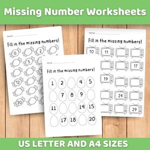 May include: Three white worksheets with the text "Missing Number Worksheets" and "Fill in the missing numbers!". The worksheets feature candy, egg, and television graphics with missing numbers to fill in. The text "US LETTER AND A4 SIZES" is at the bottom.