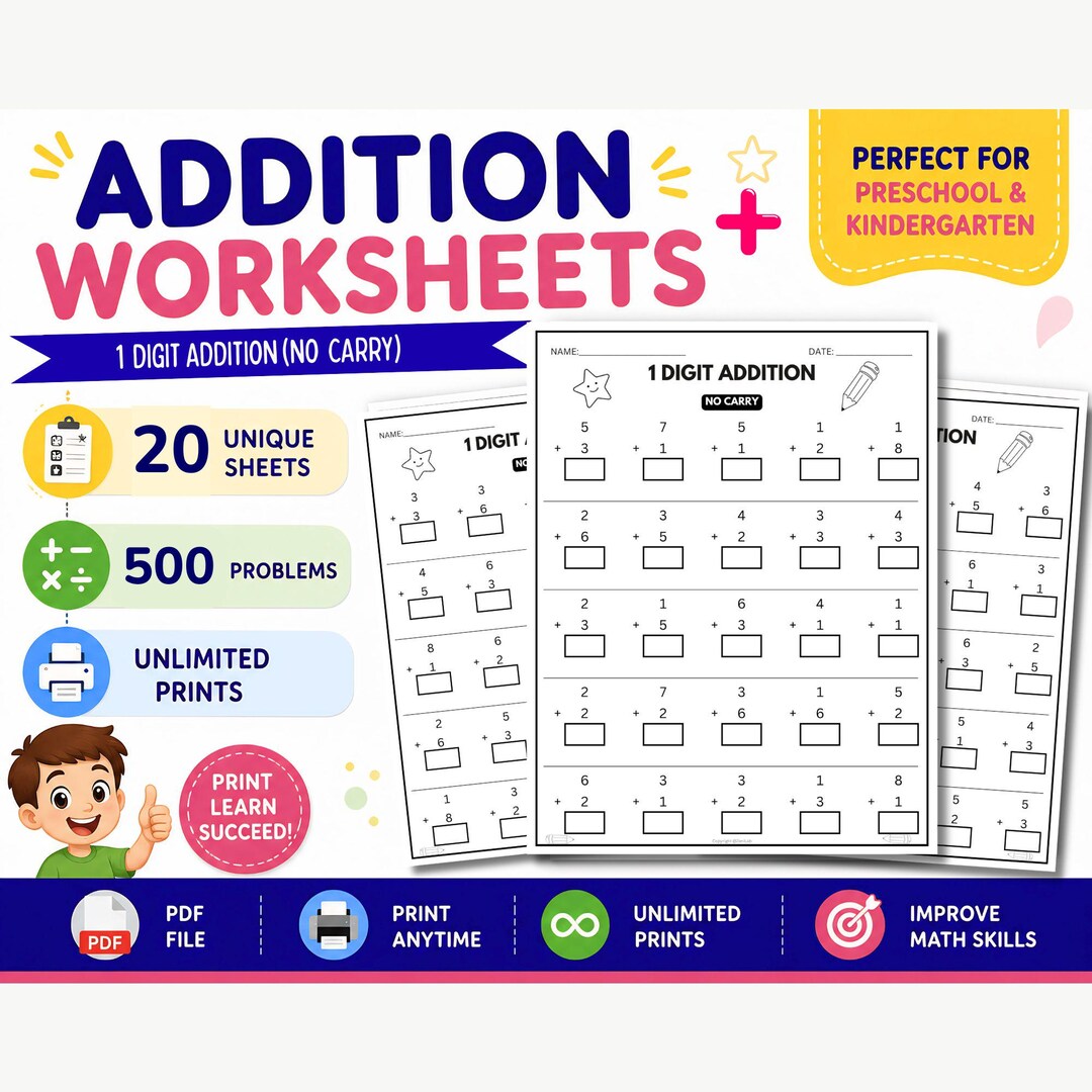 1 Digit Addition Worksheets (no Carry) – Preschool Kindergarten Math ...