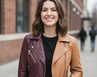 Women’s Biker Leather Jacket Two Tone Handmade Unique Statement Fall Fashion