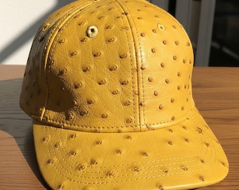Handmade Yellow Ostrich Embossed Leather Baseball Cap –  Exotic Hat Men & Women, Vintage Leather Caps