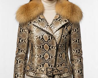 Women Snakeskin Leather Jacket With Fox Fur Collar, Python Print Biker Jackets