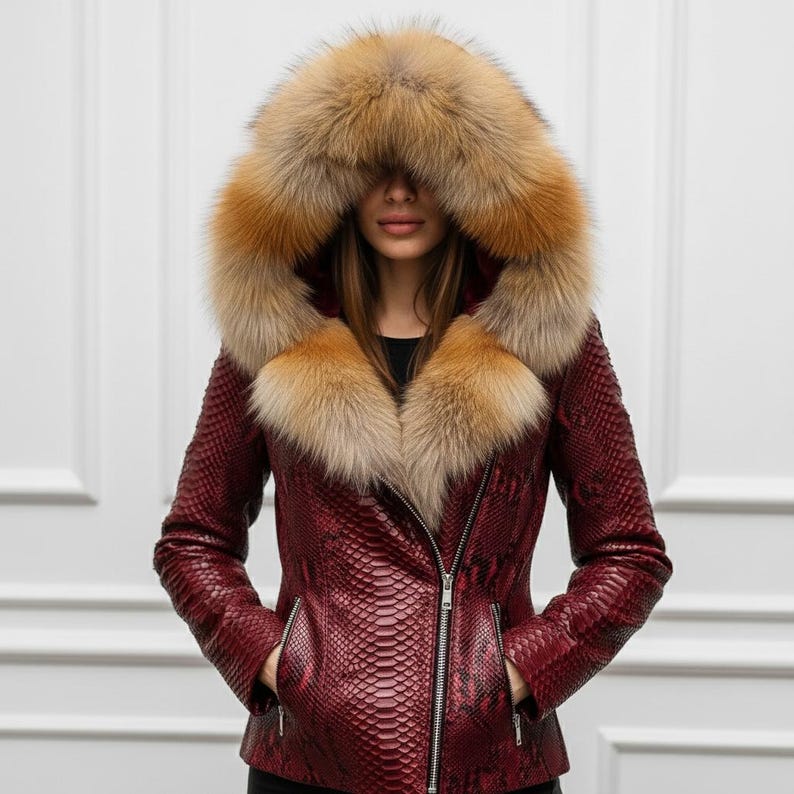 Puede incluir: Chaqueta de cuero burdeos con estampado de piel de serpiente, con una gran capucha y cuello adornado con piel de color canela. La chaqueta tiene cremallera plateada y bolsillos.