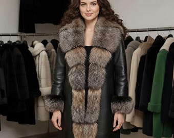 Women's Black Sheepskin Leather Coat with Fox Fur Trim