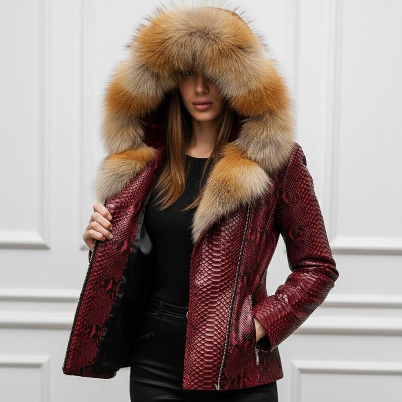 Puede incluir: Chaqueta de cuero roja con textura de piel de serpiente y una gran capucha forrada de piel. La chaqueta tiene cierre de cremallera y una silueta entallada. El ribete de piel es una mezcla de tonos marrones y tostados.
