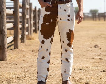 Genuine Cowhide Leather Pants Real Hair On Cow Skin, Cowboy Style Jeans for Men