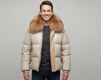 Men’s Leather Puffer Jacket with Real Fur Collar –  Luxury Beige Winter Coat