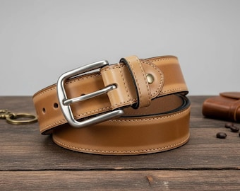 Men’s Handmade Tan Brown Distressed Leather Belt – Jeans Casual Dress Vintage Western Style Belts