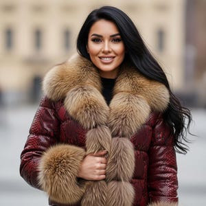 K&ouml;nnte beinhalten: Burgunderfarbene Steppjacke mit Schlangenmuster und gro&szlig;em Pelzkragen und -b&uuml;ndchen. Die Jacke hat ein schwarzes Innenfutter. Die Person hat lange, schwarze Haare.