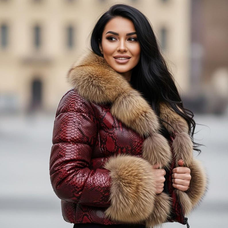 K&ouml;nnte beinhalten: Burgunderfarbene Pufferjacke mit Schlangenmuster und Pelzbesatz. Die Jacke ist ein stilvolles Oberbekleidungsst&uuml;ck, perfekt f&uuml;r kaltes Wetter. Der Pelzbesatz verleiht dem Design einen Hauch von Luxus.