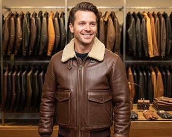 Men’s Brown Shearling Leather Bomber Jacket Aviator Flight Jacket Men Winter Sheepskin Collar