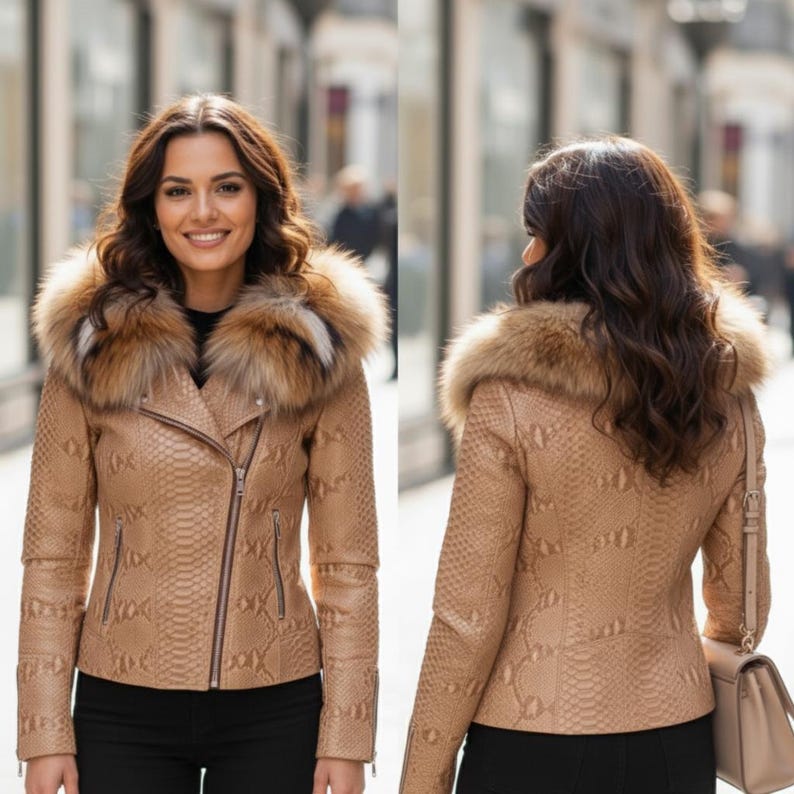 以下が含まれることがあります： ヘビ革模様と毛皮の襟が付いたタン色のレザージャケット。 ジャケットはジッパー開閉、2つのフロントポケット、フィットしたシルエットが特徴です。 毛皮の襟は茶色、タン色、白のミックスです。 黒いパンツと合わせて着用されています。
