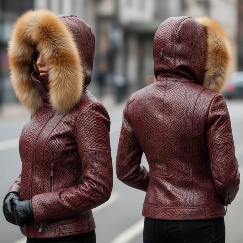 May include: A burgundy leather jacket with a snakeskin pattern. The jacket has a fur-lined hood and a zip closure. The image shows the jacket from the front and back.