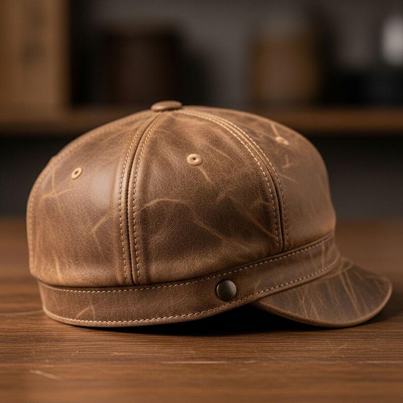 May include: A brown leather cap with a short brim and a button detail. The cap has a rounded crown and is stitched with a lighter thread. The leather has a distressed appearance.
