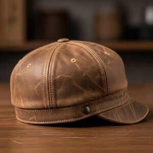May include: A brown leather cap with a short brim and a button detail. The cap has a rounded crown and is stitched with a lighter thread. The leather has a distressed appearance.