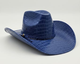 Western Style Leather Crocodile Embossed Cowboy Hat Men Women, Luxury Handmade Rodeo Blue Hats