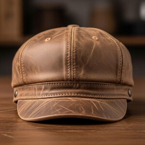 May include: Brown leather newsboy cap with a short brim. The cap has a distressed finish, visible stitching, and small metal rivets on the brim. The cap is made of a durable material and has a classic design.