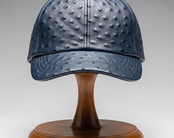 Luxury Blue Ostrich Leather Baseball Cap, Handmade Vintage Caps Lederkappe
