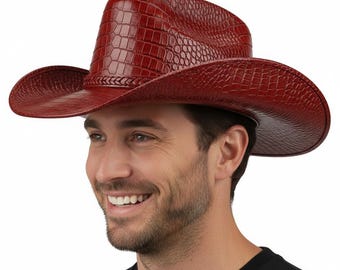 Cowboy Hat Handmade Red Crocodile Embossed Leather Western Rodeo Hats for Men’s and Women’s