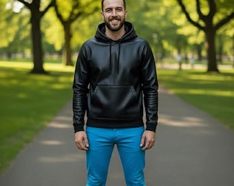 Men's Black Lambskin Real Leather Hoodie Luxury Pullover Streetwear