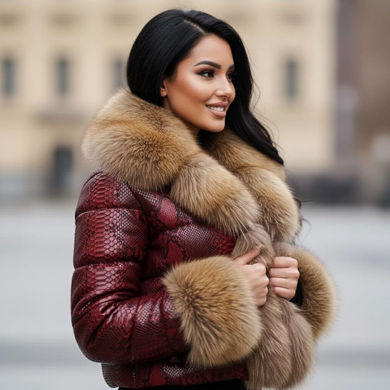 K&ouml;nnte beinhalten: Burgunderfarbene Pufferjacke mit Schlangenmuster, mit gro&szlig;em Pelzkragen und Pelzb&uuml;ndchen. Die Jacke wird von einer Person mit langen schwarzen Haaren getragen.