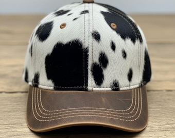 Boné de beisebol estilo western, feito à mão, em couro legítimo de vaca com pelo. Chapéu de pele de vaca preto e branco.