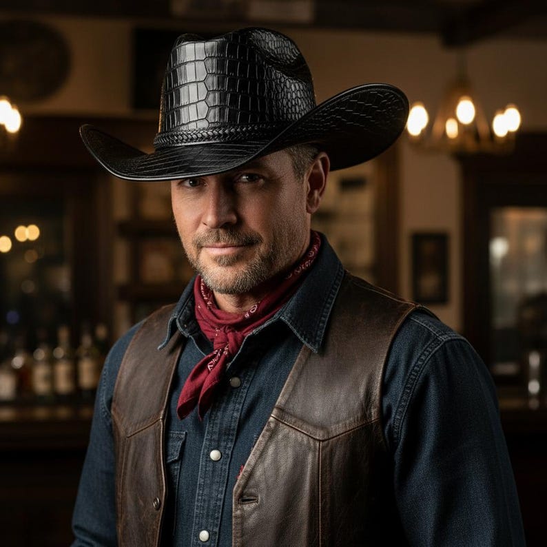 May include: A black cowboy hat with a textured, crocodile-like pattern. The hat has a wide brim and is worn with a red bandana, a brown leather vest, and a denim shirt. The image is set in a dimly lit saloon.