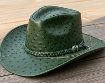Ostrich Embossed Leather Cowboy Hat – Handmade Genuine Leather Western Ranch Hats Men and Women