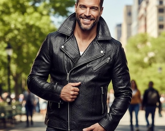 Python Embossed Leather Biker Jacket for Men– Handmade Luxury Black Snakeskin Moto Jackets