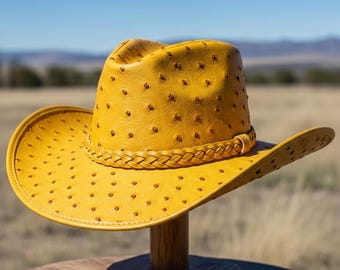Ostrich Embossed Leather Cowboy - Hat  Handmade Genuine Leather Western Ranch Hats Men and Women
