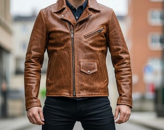 ブラウンのヴィンテージレザージャケット、バイカー向けハンドメイド本革モーターサイクルジャケット（メンズ）